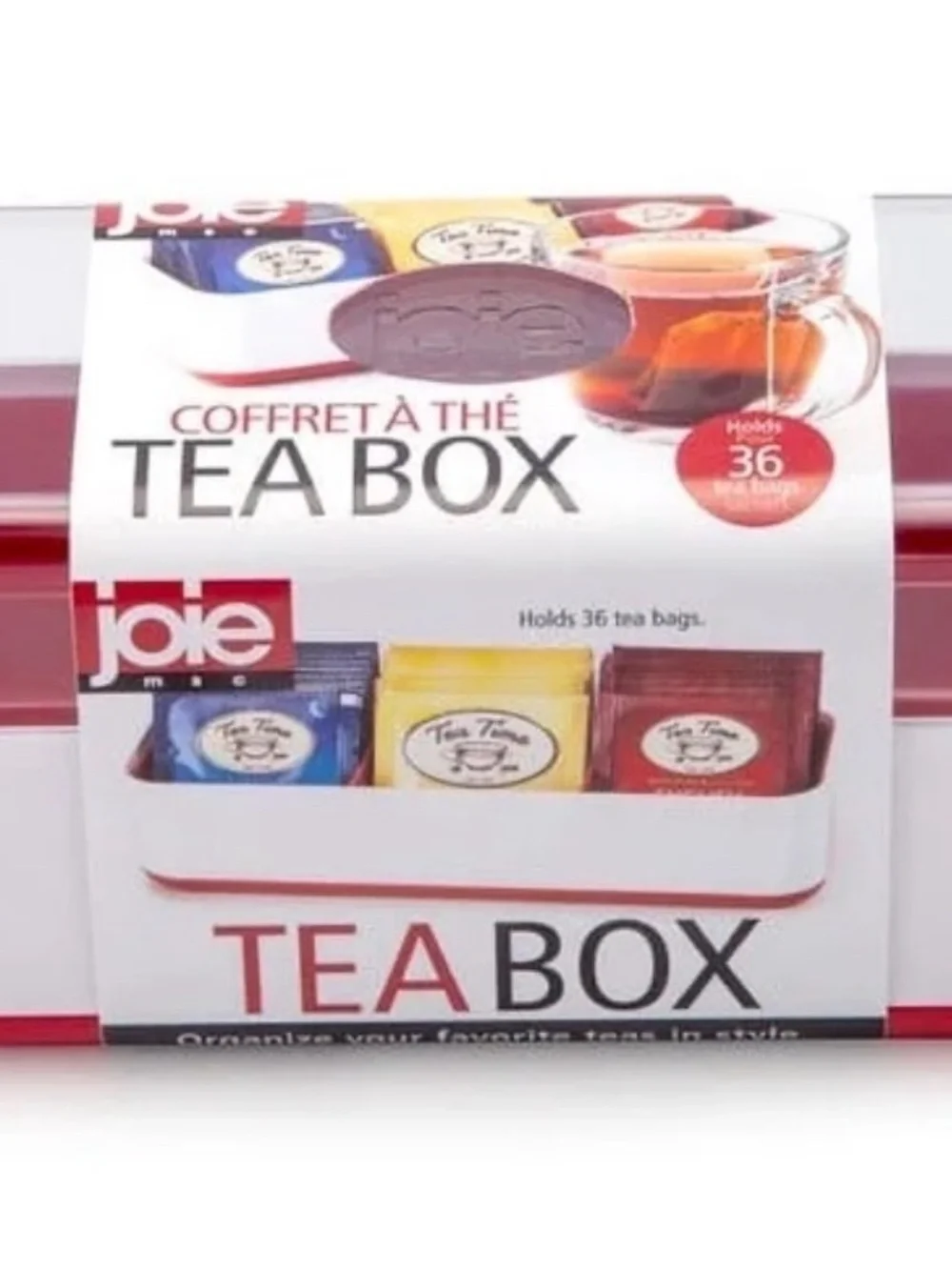 Joie Tea Box Organizer in White with Red Accents hold 36 tea bags